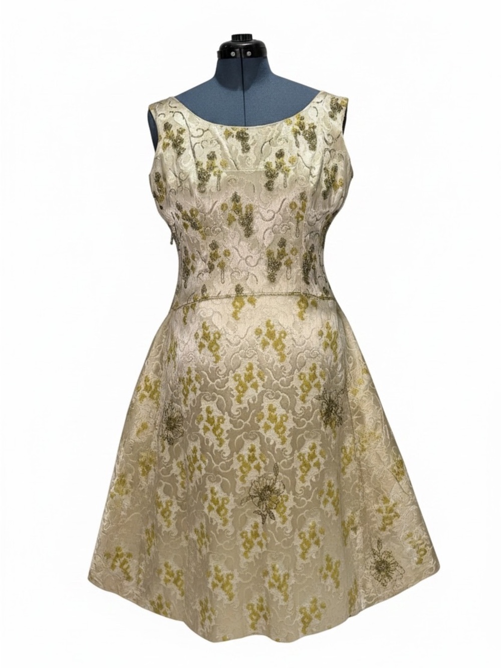 Stunning 1950s Couture Handmade Beaded Silk Brocade Cocktail Dress Ivory Gold